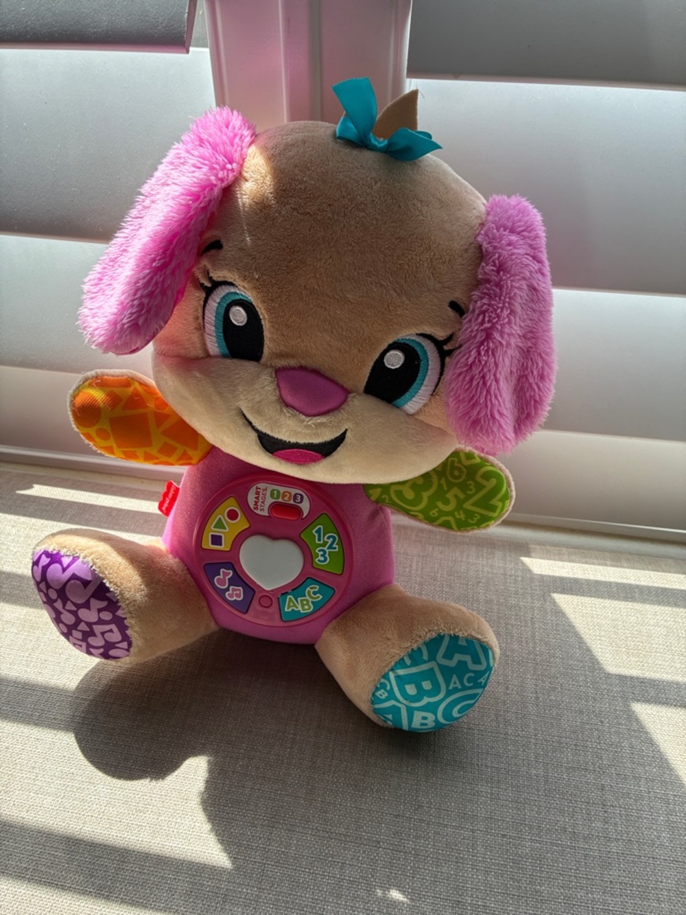 Fisher-Price Pink-Eared Educational Puppy Plush with Colorful Buttons